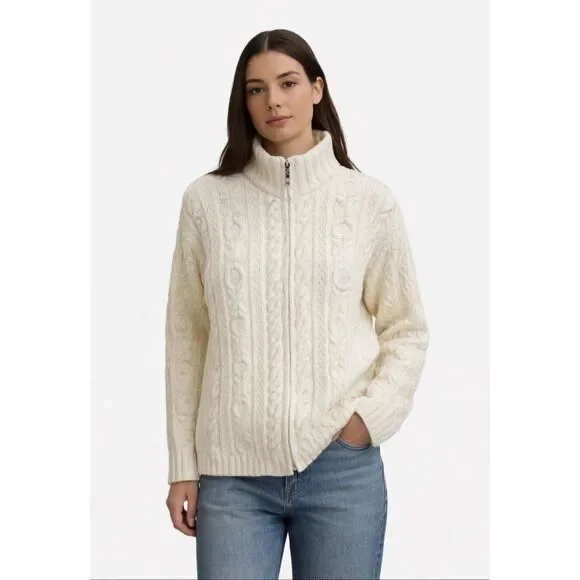 Inis Crafts Ireland Merino Wool Fisherman Cable Knit Zip Sweater Cream Small - Picture 1 of 7